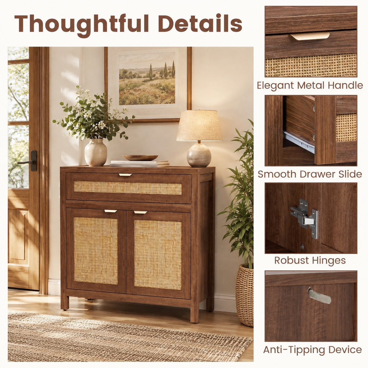 Airfind Sideboard Storage Cabinet with Rattan Doors and Drawer, 155 lbs Capacity, Engineered Wood MDF Rattan Metal Frame, Brown