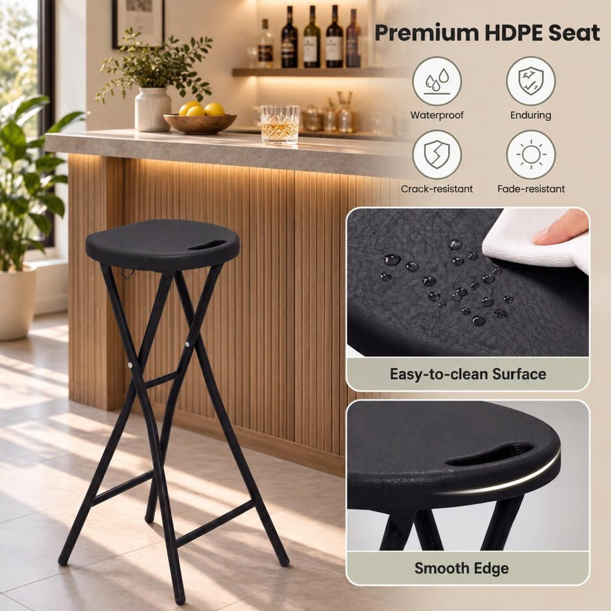 Airfind Set of 2 Folding Bar Stool 27.5in with HDPE Seat and Carry Handle for Kitchen Bar, 330 lbs Capacity, Metal HDPE Frame, Black