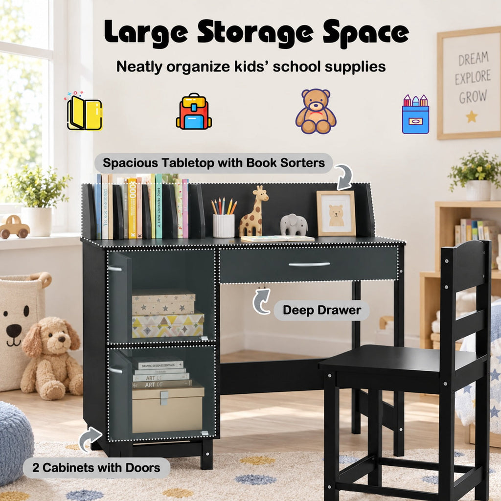 Airfind Wooden Kids Study Desk and Chair Set Student Workstation, 110 lbs Capacity, MDF Solid Wood Frame, for 3+, 35.5 x 18 x 32 Footprint, Black