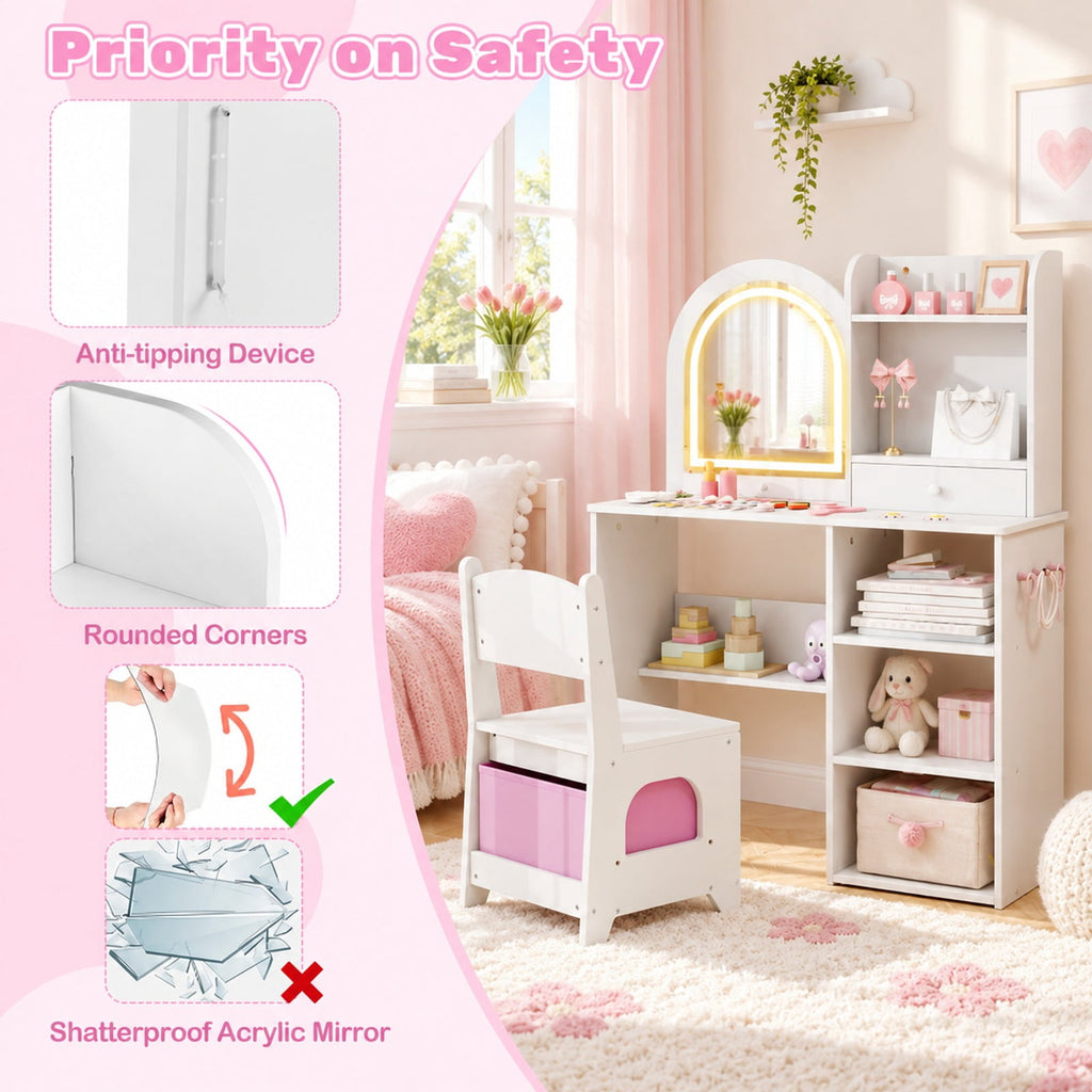 Airfind Kids Vanity Set Princess Girls Makeup Vanity Desk with Chair and 3-Color LED Lighted Mirror, 45 lbs Capacity, MDF Frame, White
