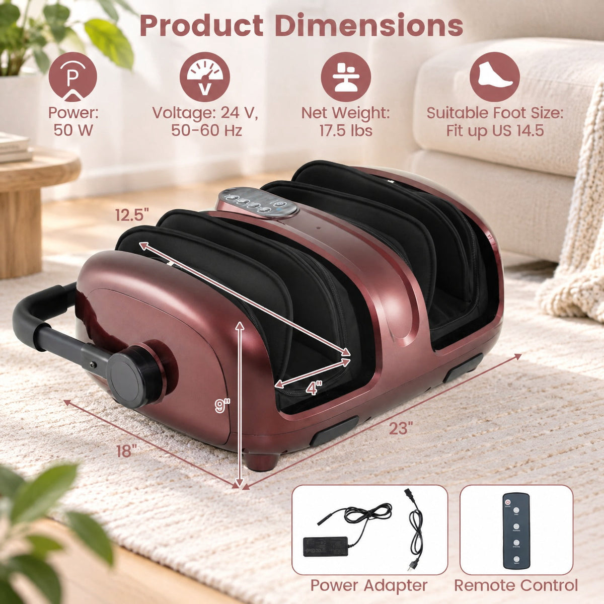 Airfind Foot and Calf Massager with Heat for Blood Circulation Pain Relief, ABS Frame, 23 x 18 x 9 Footprint, Red