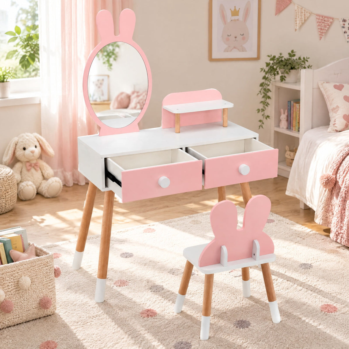 Airfind Kids Vanity Table and Chair Set with Drawer Shelf and Rabbit Mirror, 66 lbs Capacity, MDF Beech Wood Frame, Pink