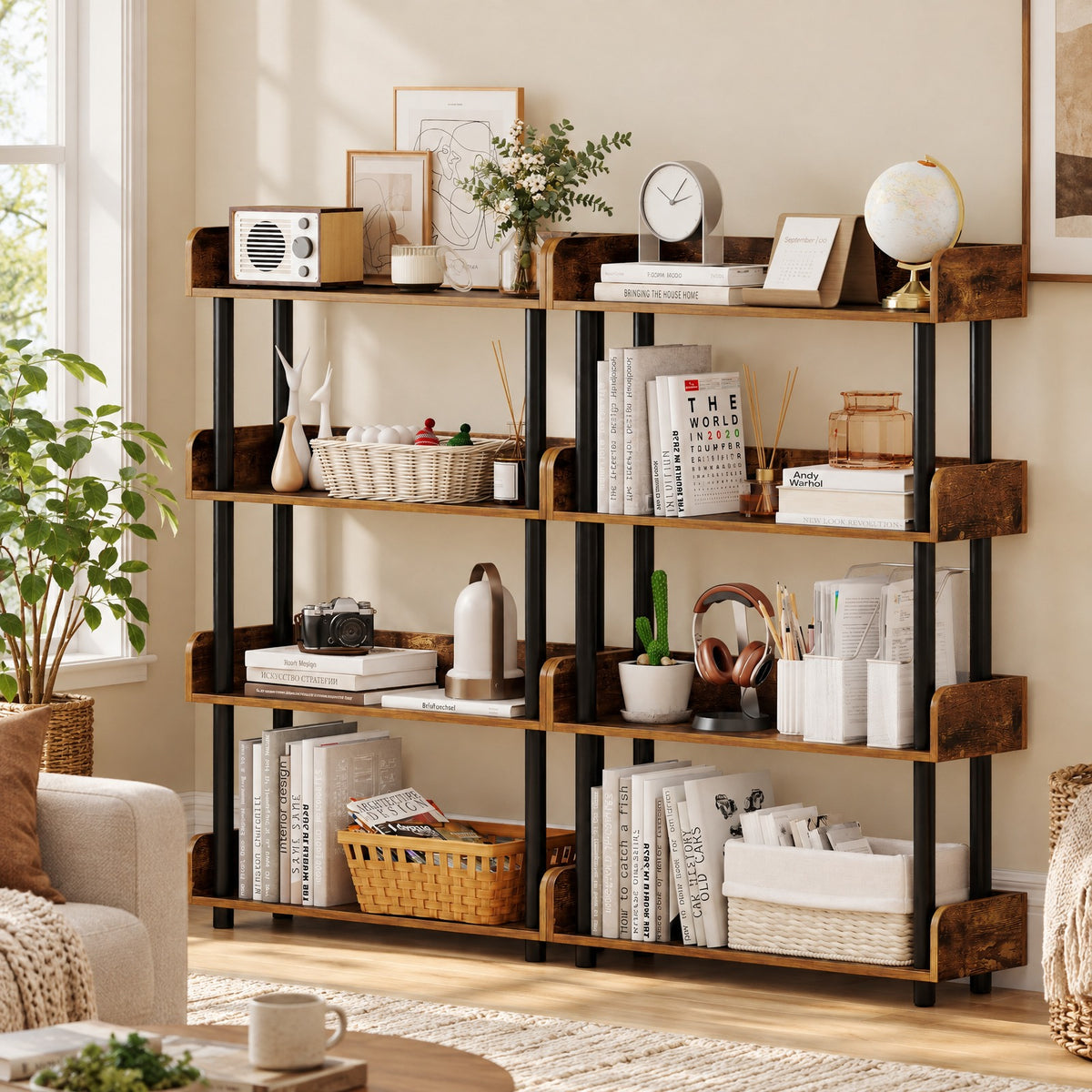 Airfind 4-Tier Bookshelf Open Bookcase with Anti-Tipping Kit Industrial Storage Unit, 33 lbs Capacity, Engineered Wood PE PP Frame, Brown