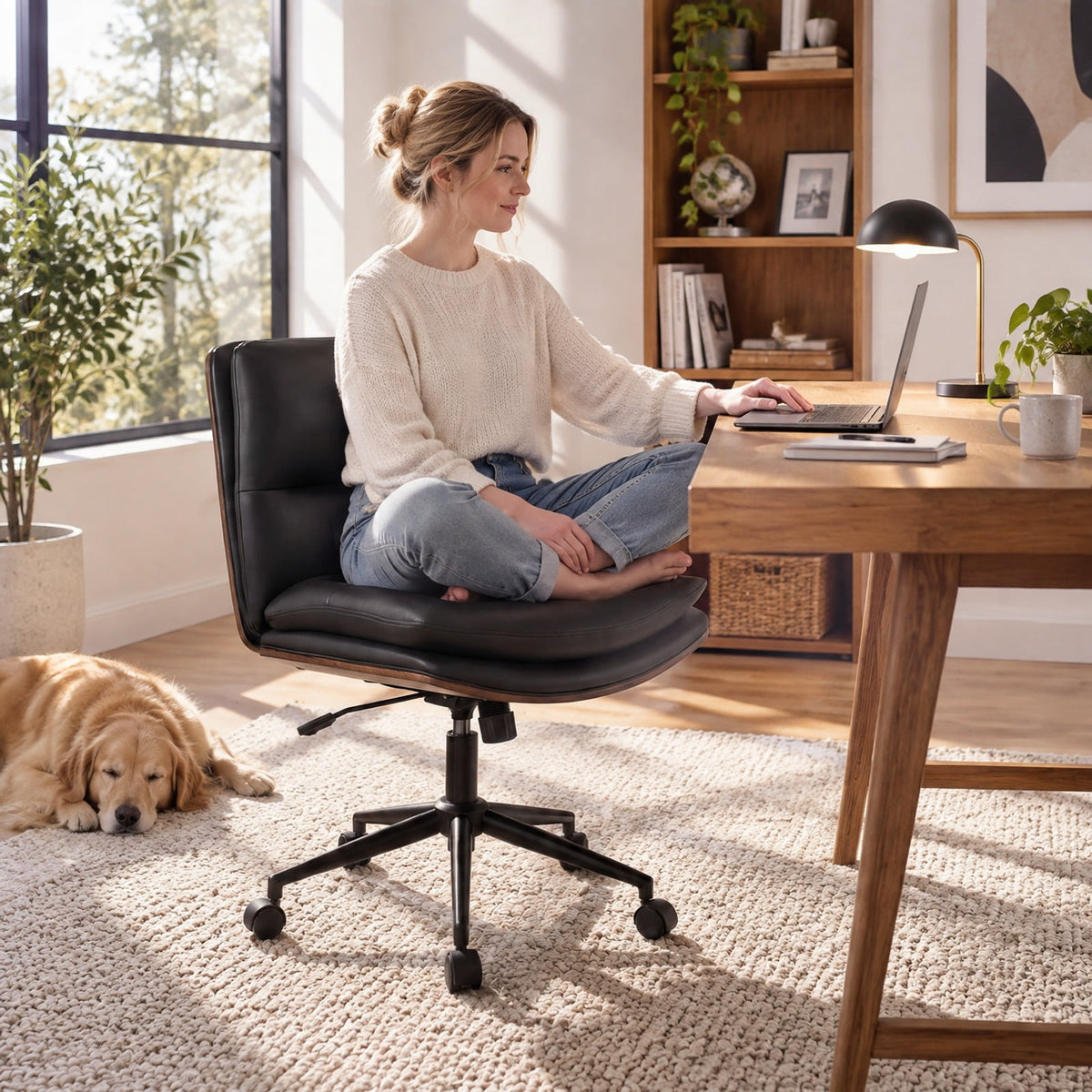 Airfind Armless Office Chair with Curved Backrest and Padded Seat, 245 lbs Capacity, Faux Leather Sponge Metal Plywood Frame, Black