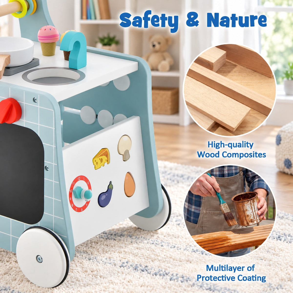 Airfind 6-in-1 Wooden Baby Stroller with Play Kitchen for Kids Over 12 Months, MDF Beech Wood Plastic Frame, 12 x 13.5 x 16.5 Footprint, Blue