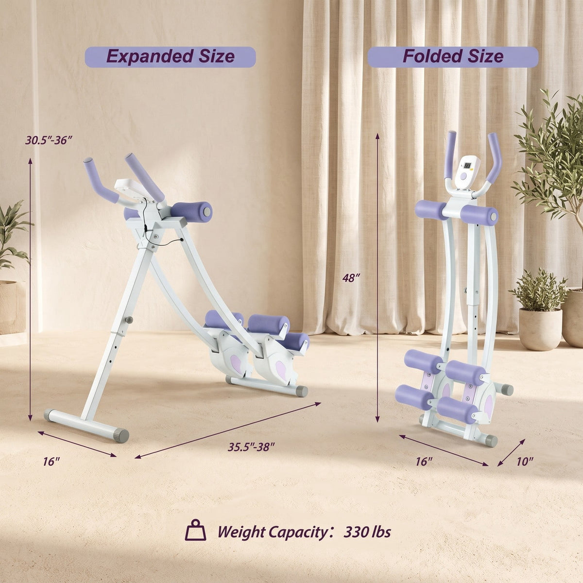 Airfind Ab Machine Abdominal Trainer with LCD Monitor, 4 Adjustable Heights, Foldable Full Body Core Workout Glider Exerciser for Home Gym, 330 LBS Capacity, Purple