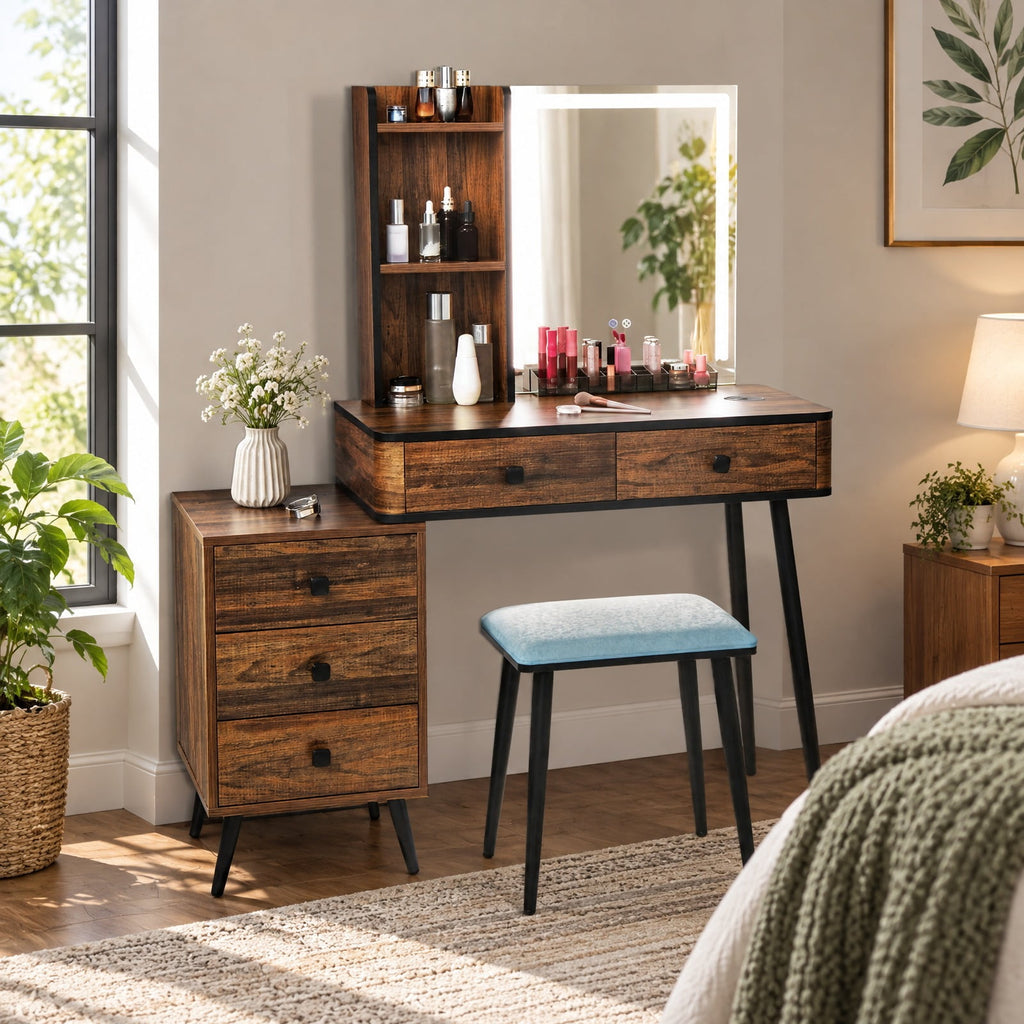 Airfind Vanity Makeup Table Set with Lighted Mirror, 330 lbs Capacity, MDF glass steel Frame, 31.5in x 15.5in x 51in Footprint, Brown