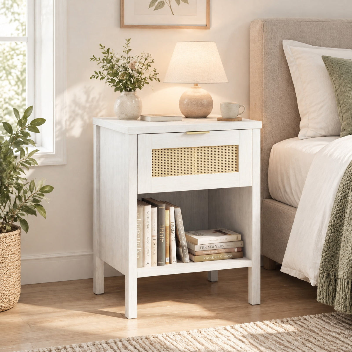 Airfind Rattan Nightstand with Charging Station and Storage Shelf for Bedroom, 88 lbs Capacity, Engineered Wood PVC Rattan Metal Frame, White