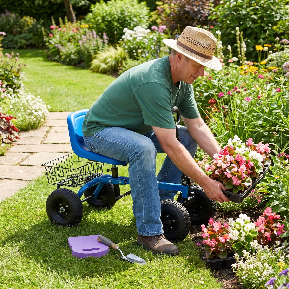 Airfind Garden Cart with Heavy Duty Tool Tray, 33 x 16 x 22 Footprint, Blue, Height adjustable and 360 degrees of rotation