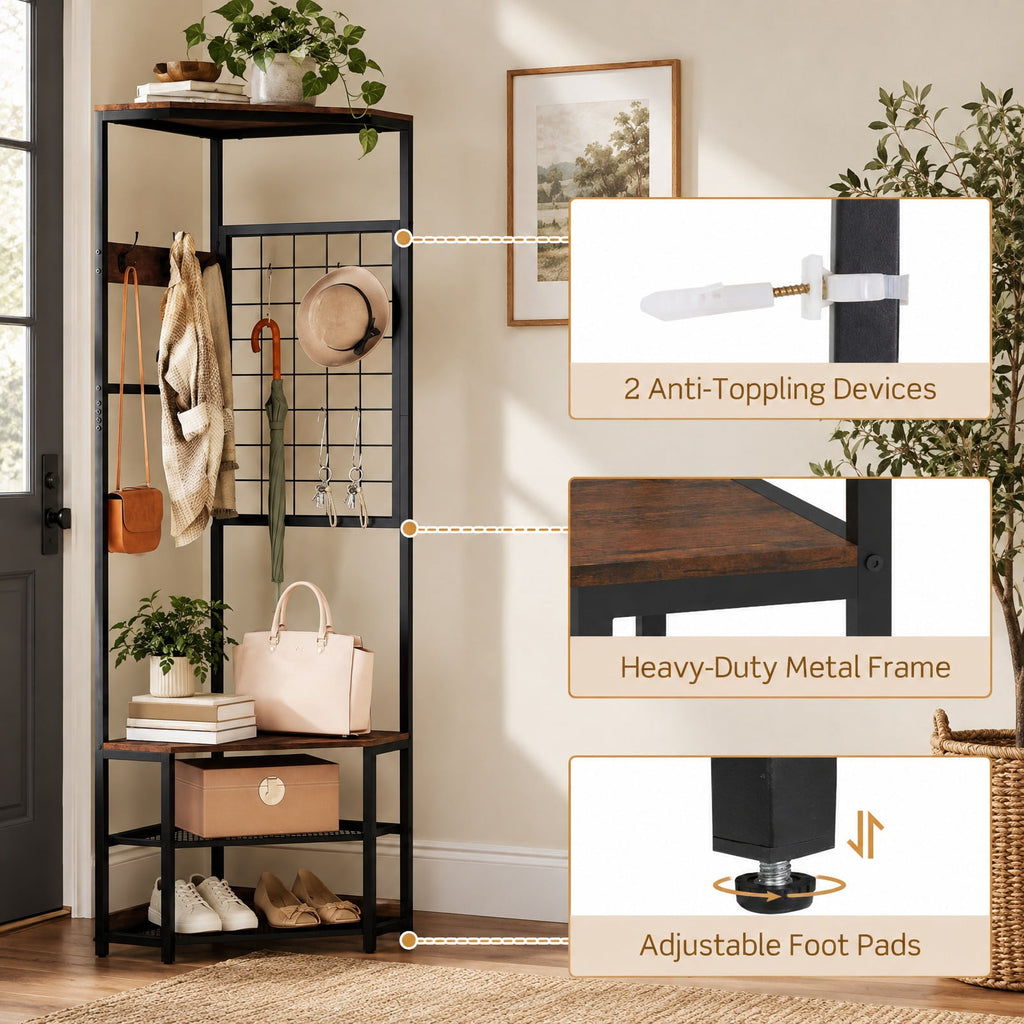 Airfind Corner Hall Tree Freestanding Coat Rack with Storage Shelves Removable Hooks, 220 lbs Capacity, Engineered Wood Metal Frame, Brown