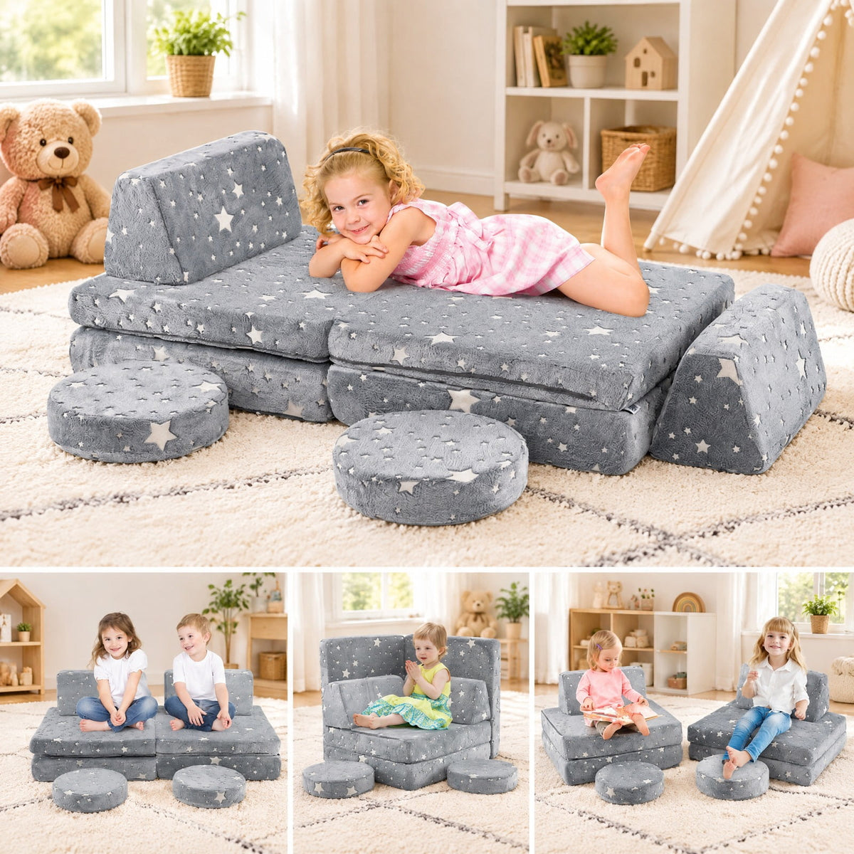 Airfind Modular Youth Play Couch Set Glow in the Dark with Portable Handles, Flannel Fabric Sponge, for 3 and Years Old, Gray