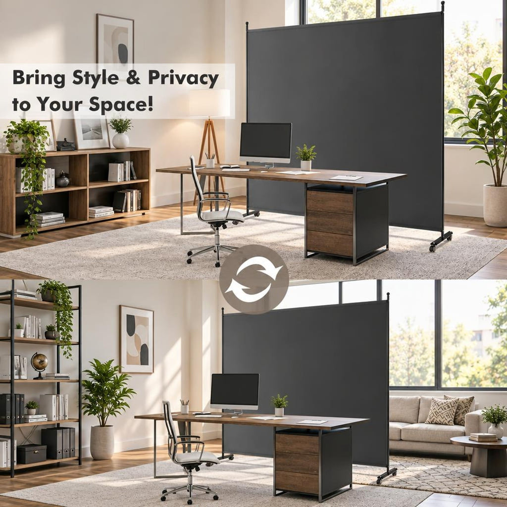 Airfind 6 Feet Single Panel Rolling Room Divider with Smooth Wheels, Metal polyester Frame, 73 x 12 x 73 Footprint, Dark Gray