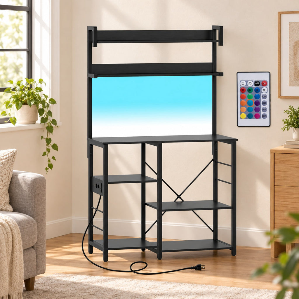 Airfind Kitchen Bakers Rack with Power Outlet 5, Tier Microwave Oven Stand with LED Lights, Black, Adjustable in 10 brightness levels and 10 speeds