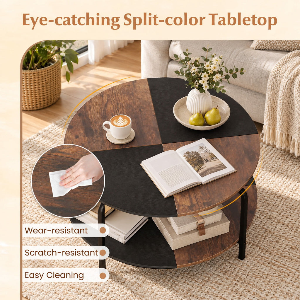 Airfind 2-Tier Round Coffee Table Metal Frame with Storage Shelf, 220 lbs Capacity, Engineered Wood Metal Frame, Coffee