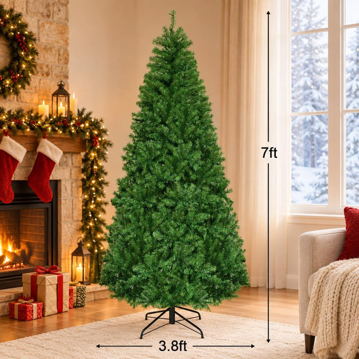 Airfind Artificial Premium Hinged Christmas Tree-7 ft, PVC Frame, 0.9in x 1.6in x 2in Footprint, Green Adapter: UL-certified