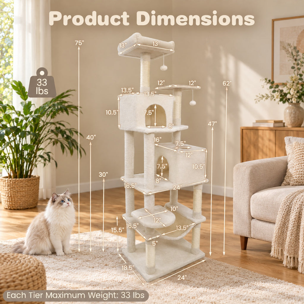 Airfind Multi-level Cat Tree Modern Cat Tower with Upholstered Perch and 2 Cat Condo, 24 x 18.5 Footprint, Beige