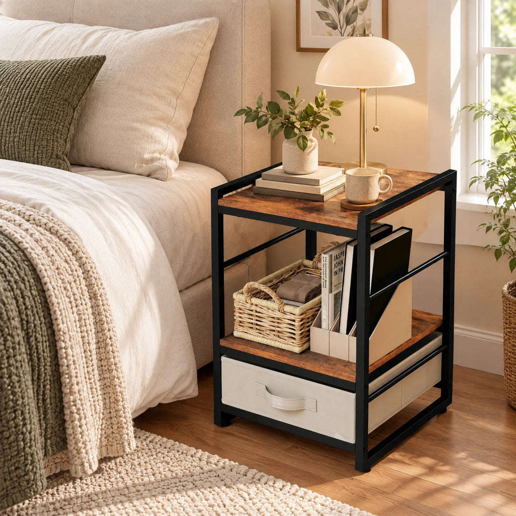 Airfind Nightstand Industrial Bedside Table with Open Storage Shelf and Fabric Drawer, 45 lbs Capacity, 16 x 16 x 24 Footprint, Brown