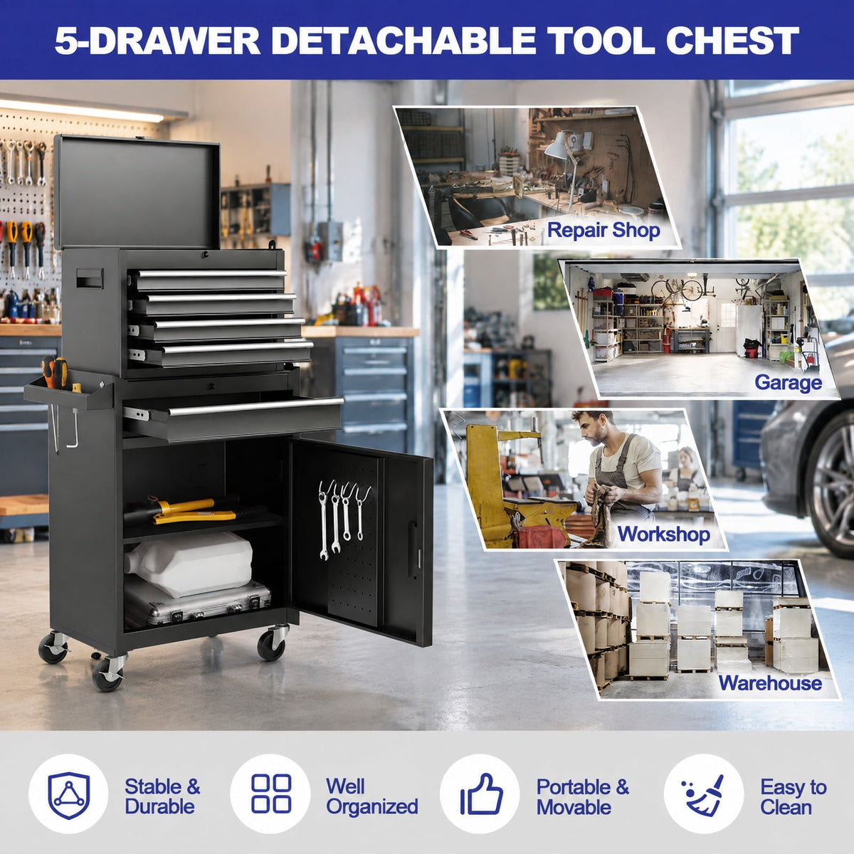 Airfind 2-in-1 Tool Chest and Cabinet with 5 Sliding Drawers, 220.5 lbs Capacity, Steel rubber-plastic synthetic Frame, Black