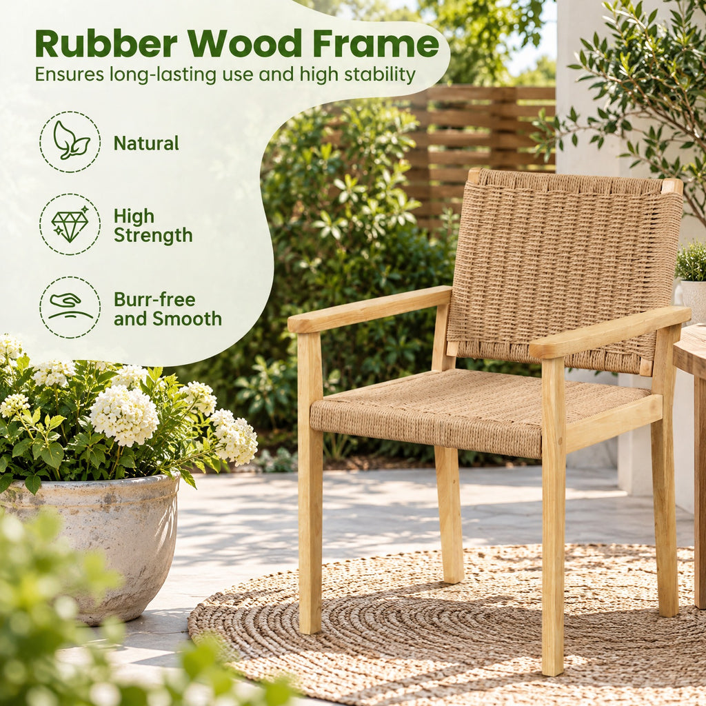 AIRFIND Dining Chairs Set of 2 with Woven Paper Rope Seats, Rubberwood Frames, Armrests and Foot Pads, 18.5 in Seat Height, Natural