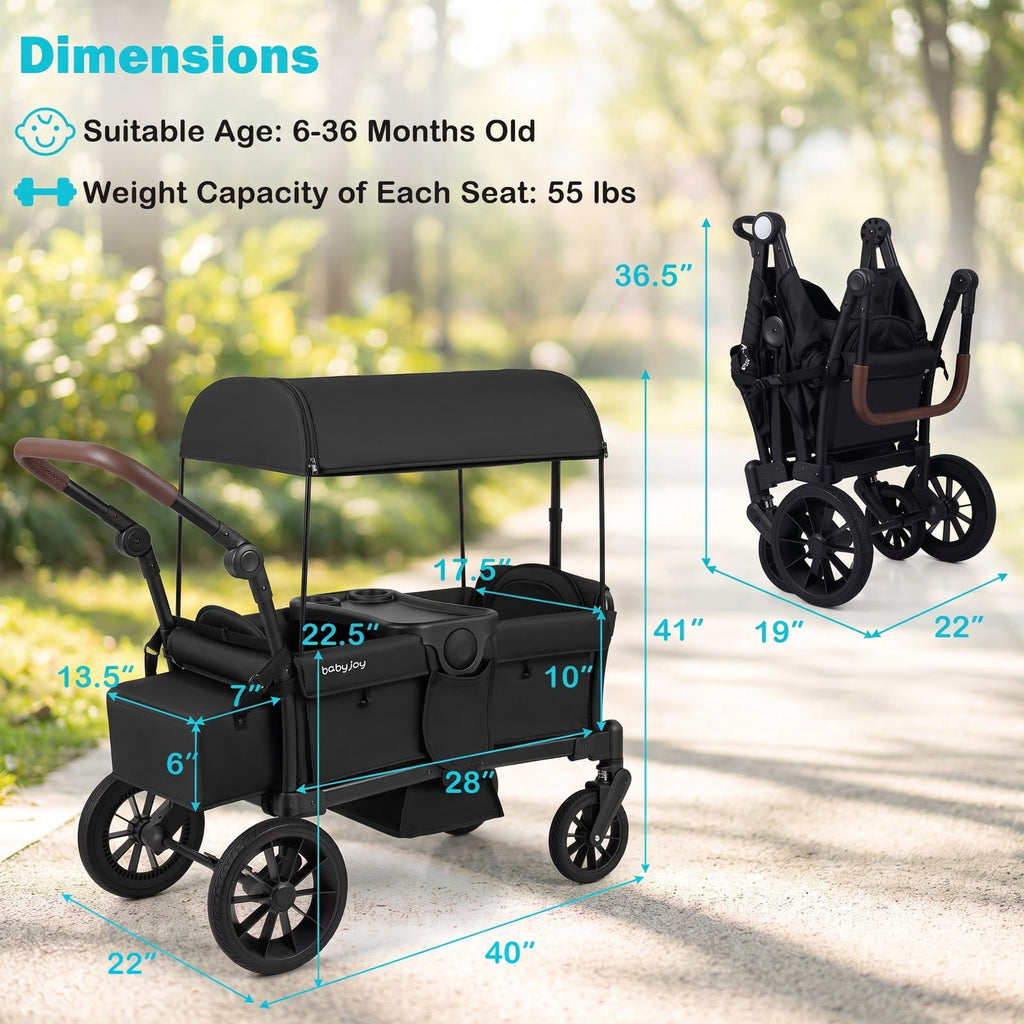Airfind Foldable Wagon Stroller for 2 Kids Double Seater Toddler Stroller with Removable Canopy, 55 lbs Capacity, for 6-36 Months Old, Black