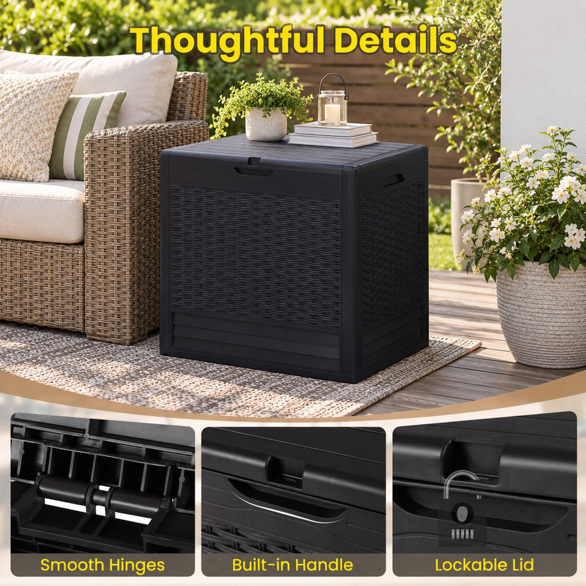 Airfind 25 Gallon Outdoor Storage Box with Rattan Patterns, 180 lbs Capacity, PP Frame, 23 x 17 x 21 Footprint, Brown
