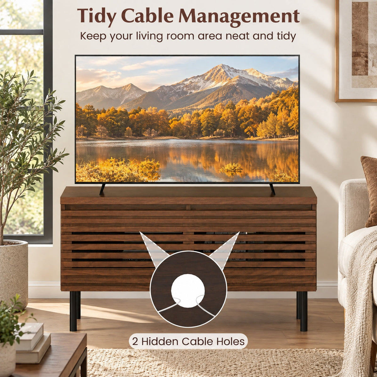 Airfind Mid Century Fluted TV Stand for 40 TV with 2 Hidden Compartments and Metal Legs, 90 lbs Capacity, Metal Engineered Wood Frame, Walnut