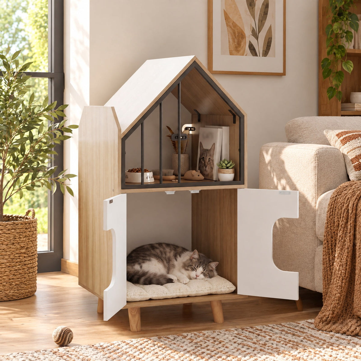 Airfind Cat Litter Box Enclosure, with Shelf and 2 Doors Wooden House, 44 lbs Capacity, Engineered Wood Rubber Wood Metal Frame, Natural