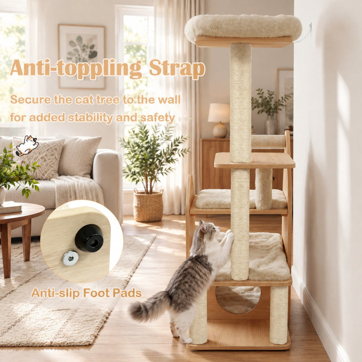 Airfind 48.5in Multi-Level Solid Wood Cat Tree for Indoor Cats with Padded Top Perch Cat Condo and Sisal Scratching Posts, Beige