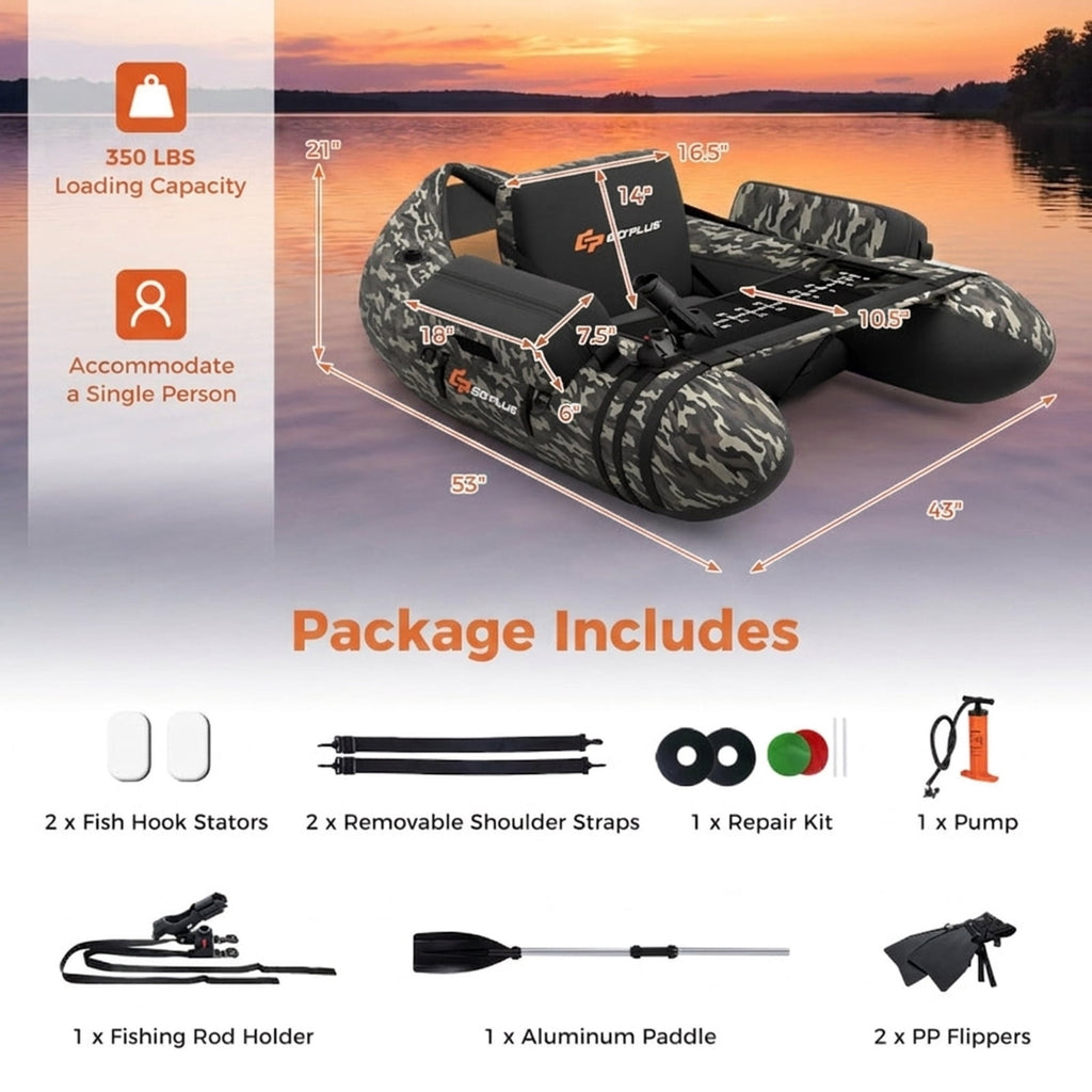 Airfind Inflatable Fishing Float Tube with 350 lb Capacity and Adjustable Shoulder Straps plus Storage Pockets and Foot Pump for Lake Pond River Bass Fly Fishing, Camouflage Multicolor