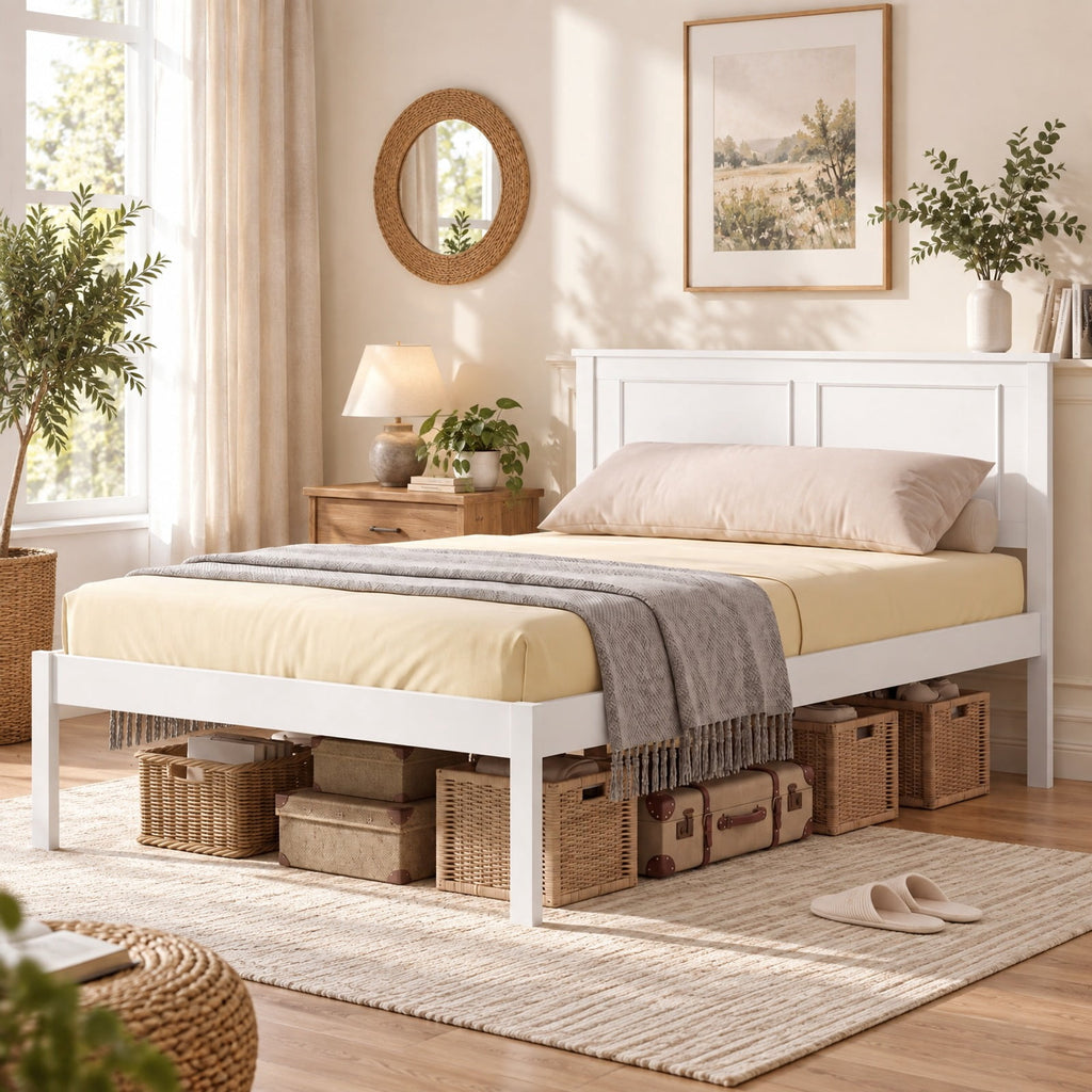 Airfind Twin Size Bed Frame Farmhouse Wooden Platform Bed with Headboard White, 600 lbs Capacity, Solid Wood Plywood Engineered Wood Frame, White