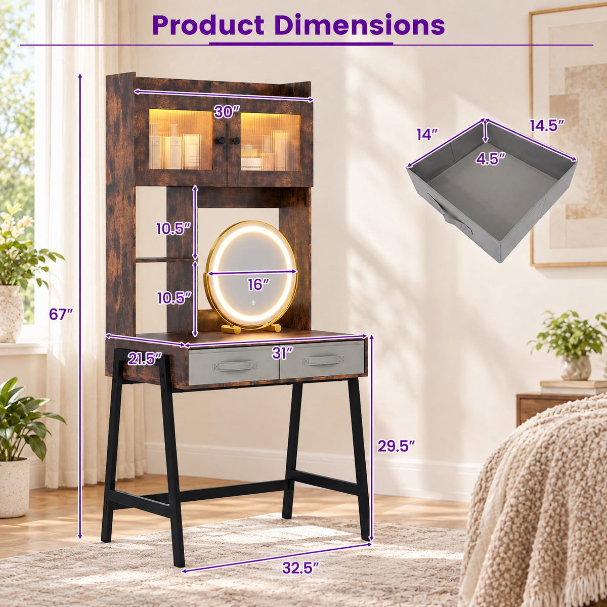 Airfind Vanity Desk with Rotatable Mirror and Lights Modern Dressing Table with 3 Light Colors, Engineered Wood Frame, 32.5 Inch x 21.5 Inch x 67 Inch Footprint