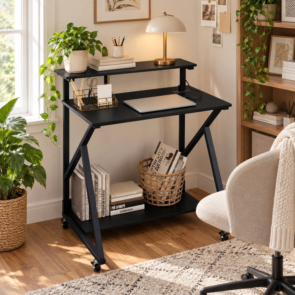 Airfind 32 Inch Rolling Computer Desk for Small Spaces with Power Outlets, 155 lbs Capacity, Engineered Wood Metal Frame, Black