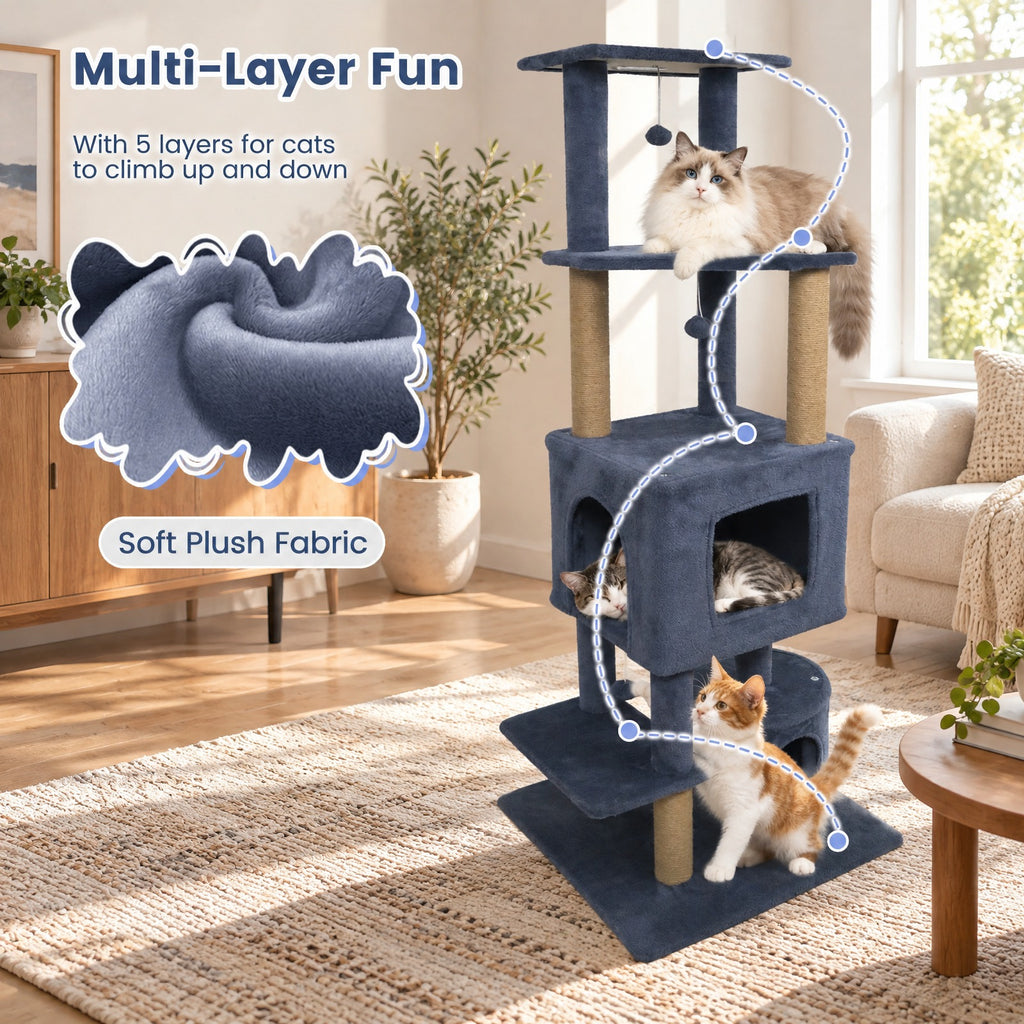 Airfind 64 Inch Tall Cat Tree with 2 Large Condos and Jute Scratching Posts for Indoor Adult Cats, 33 lbs Capacity, Dark Grey