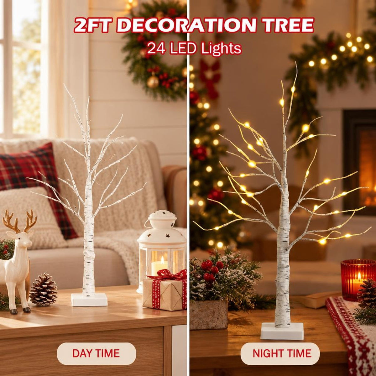 AIRFIND Artificial Birch Tree 2 ft with 24 Warm White LED Lights, Bendable Branches and Battery-Powered Base for Indoor Holiday Decor, White