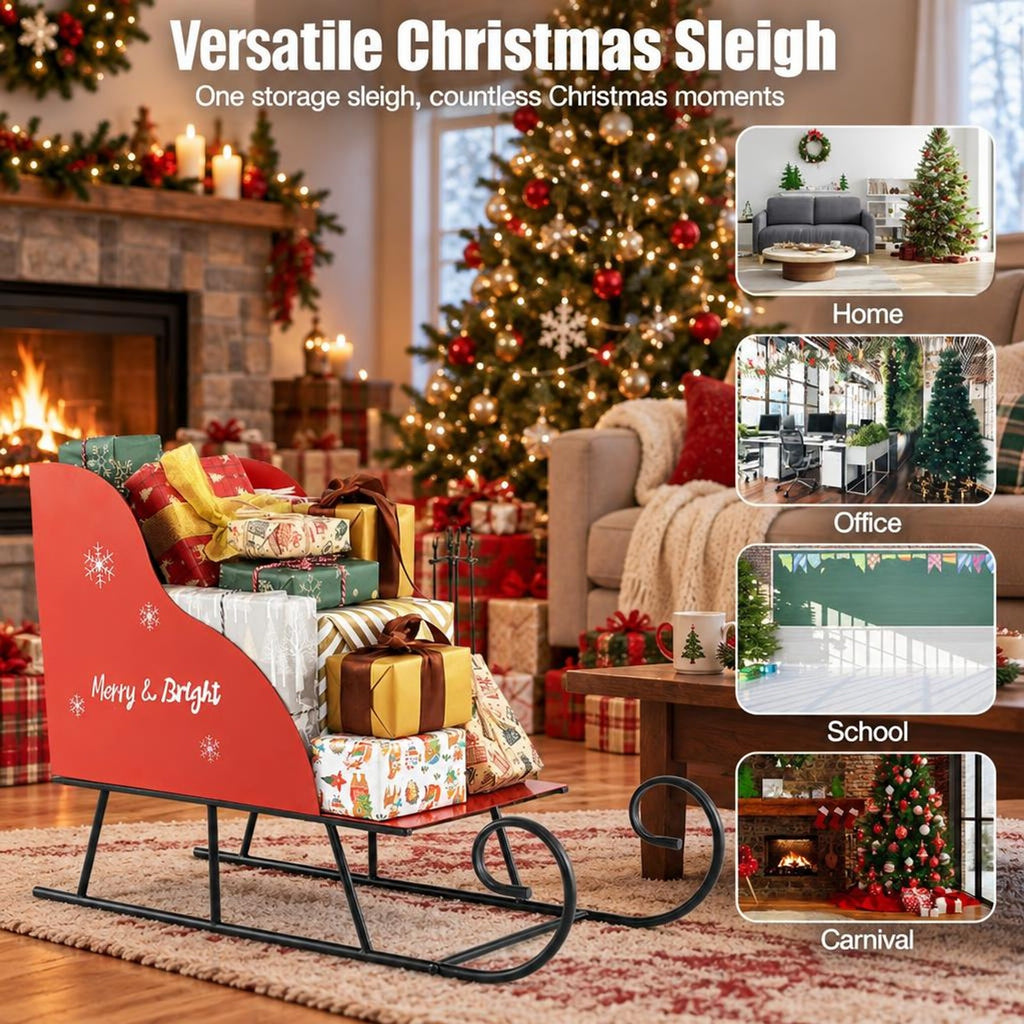 Airfind Metal Christmas Santa Sleigh Basket Xmas Santas Gift Storage Sleigh, 33 lbs Capacity, Metal Frame, 29in x 12.5in x 20in Footprint, Red and Black
