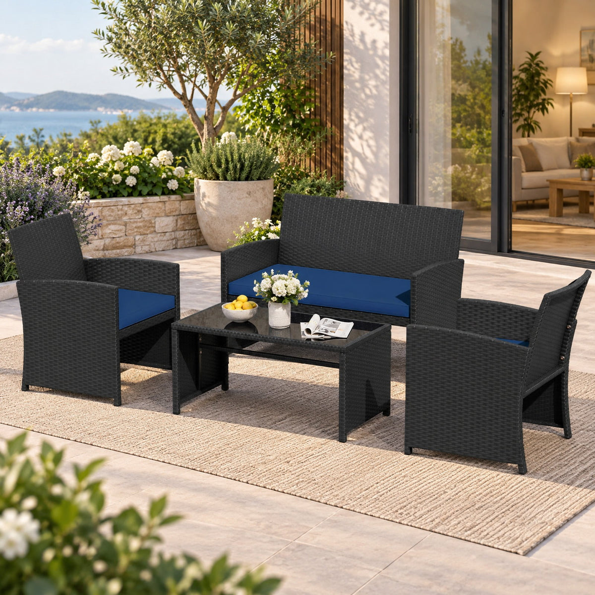 Airfind 4 Pieces Patio Furniture Set with Tempered Glass Tabletop and Removable Cushion, 400 lbs Capacity, Rattan Steel Sponge Frame, Navy