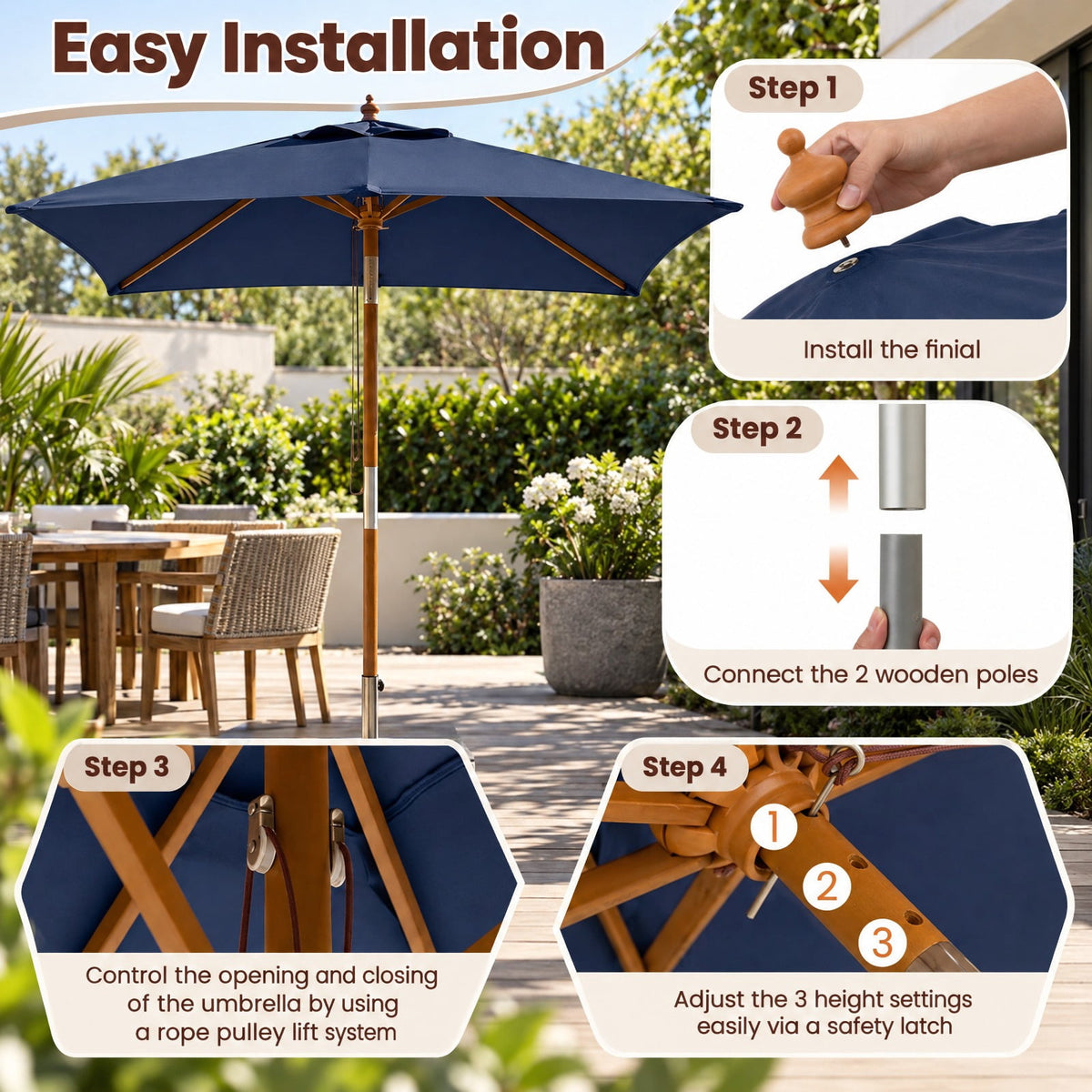 Airfind 7 Feet Outdoor Rectangular Patio Umbrella with 3 Adjustable Heights, Fabric Hardwood Bamboo Frame, 7 x 5.5 x 7.7 ft Umbrella Footprint