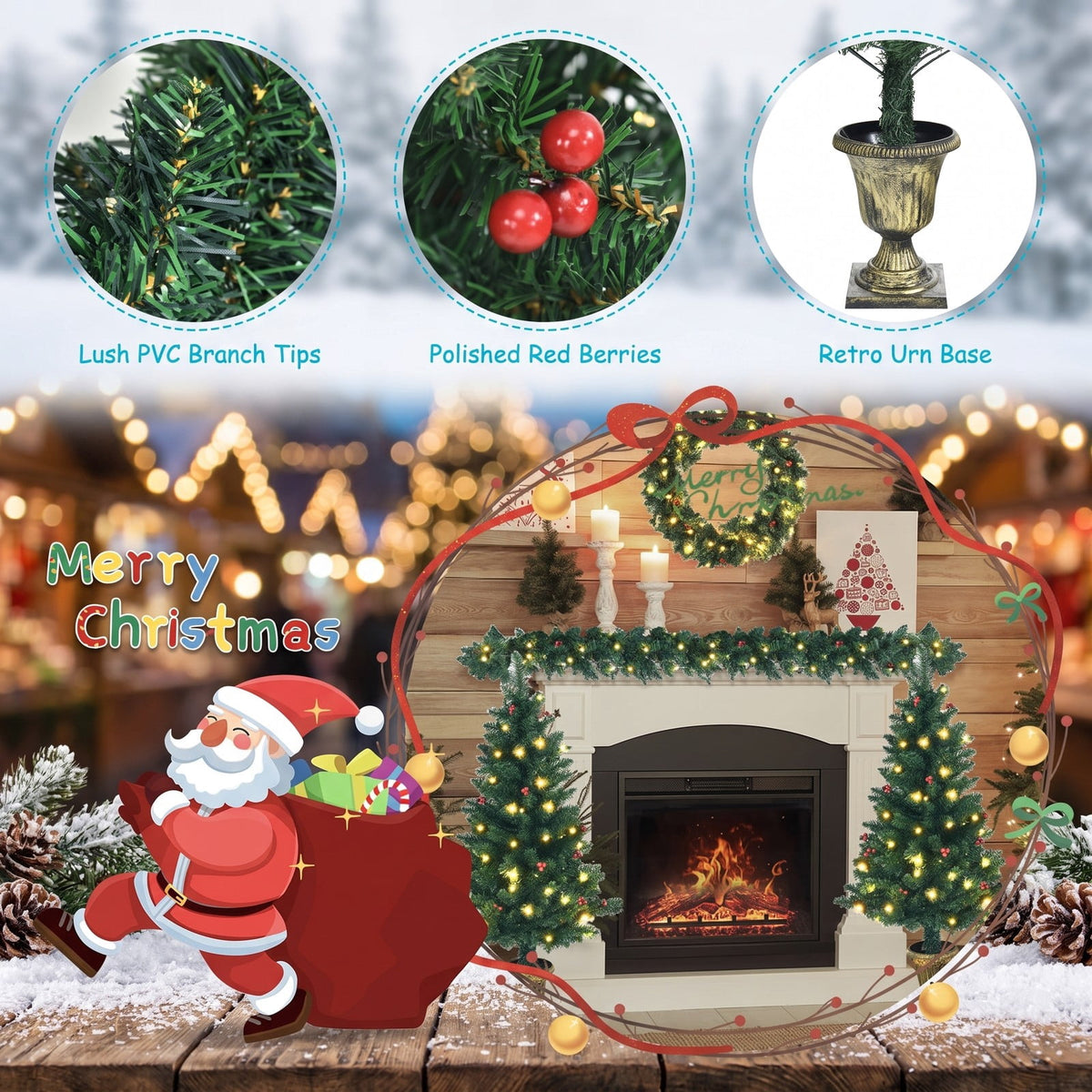 Airfind 4 Pieces Christmas Decoration Set with Garland Wreath and Entrance Trees, Green, diameter 24in, Number of LED lights 200 Battery