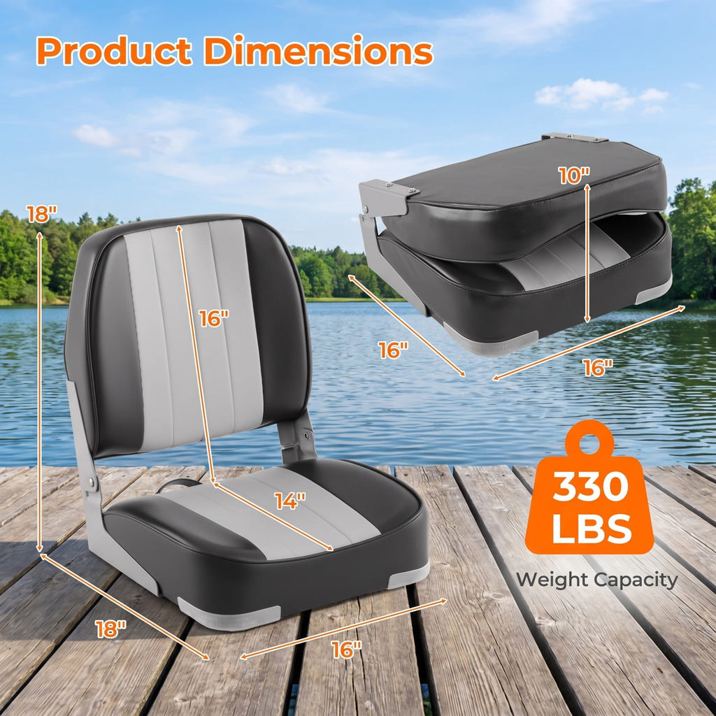 Airfind Folding Low Back Boat Seats 2 Pack with Thick Sponge Cushion and Aluminum Hinges for Cabin Seating and Fishing Boats, Gray and Black