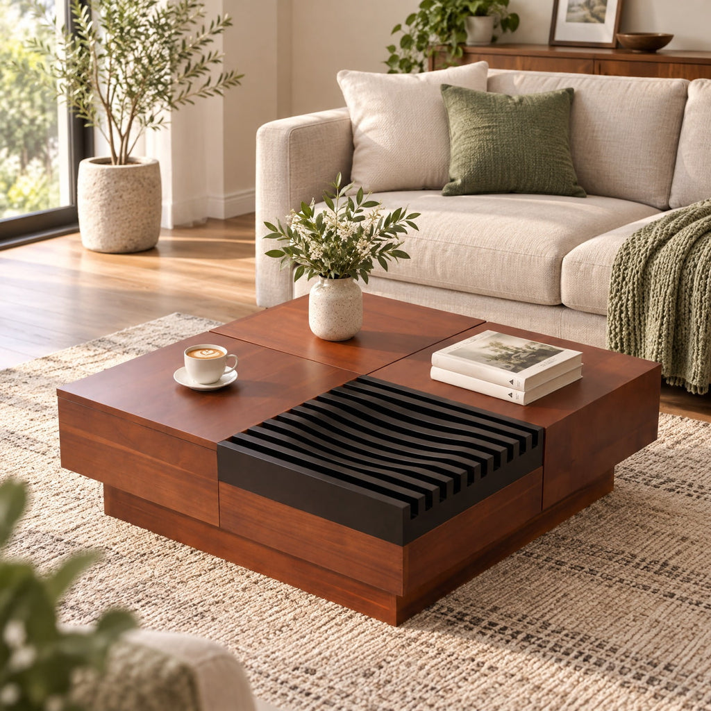 Airfind 32 Square Color-blocking Design Coffee Table with Storage Tray for Living Room, 165 lbs Capacity, Engineered Wood Frame, Walnut