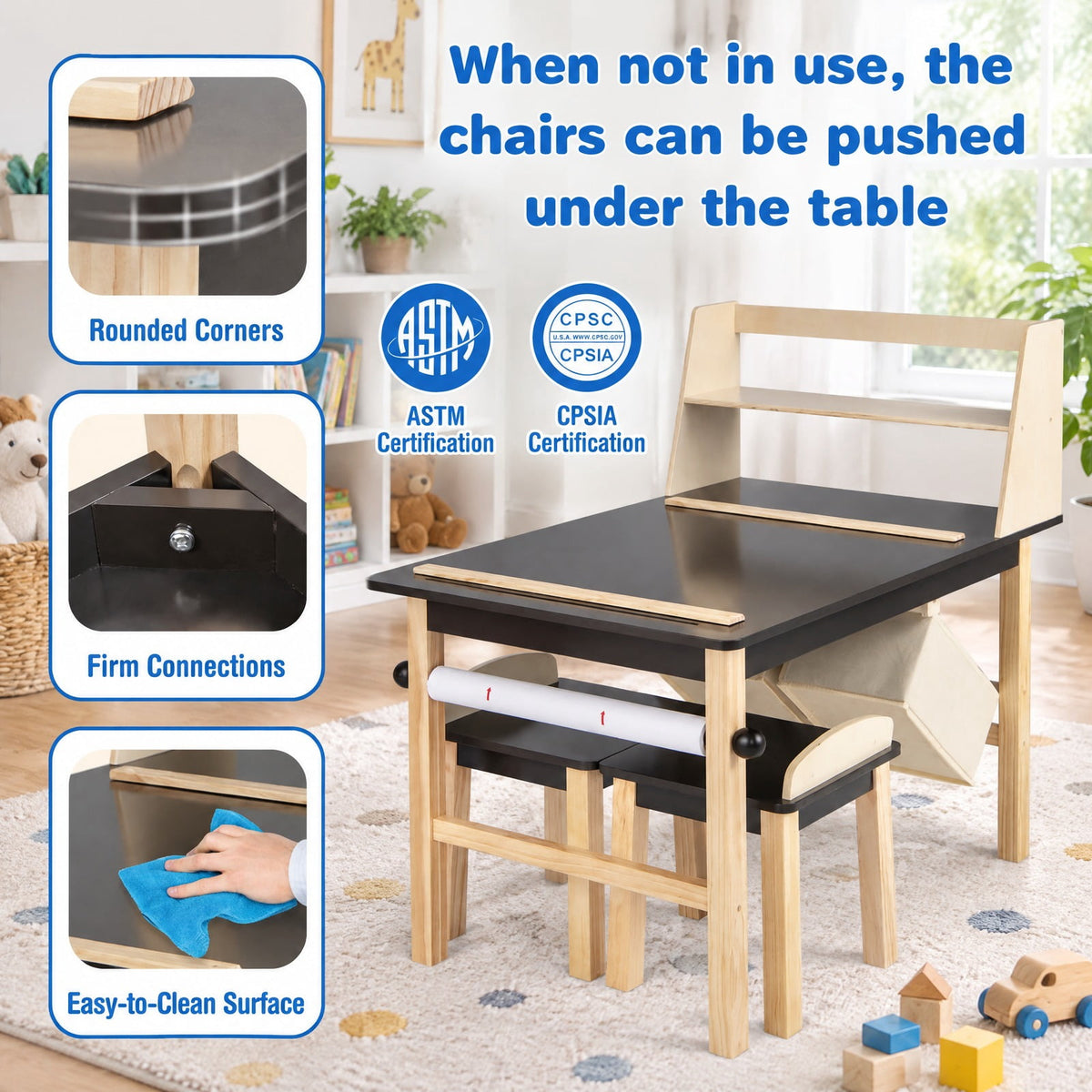 AIRFIND Kids Art Table and Two Chairs with Paper Roll, Raised Storage Shelf and Bins, Pine Wood Legs for Ages 3 and Up, Coffee and Natural