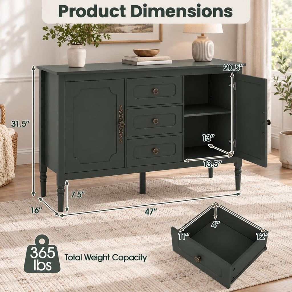 Airfind 47 Inch Vintage Buffet Cabinet with 3 Drawers 2 Cabinets and Adjustable Shelves for Dining Room, 110 Lbs Capacity, 47 Inch X 15.5 Inch X 31.5 Inch, Green