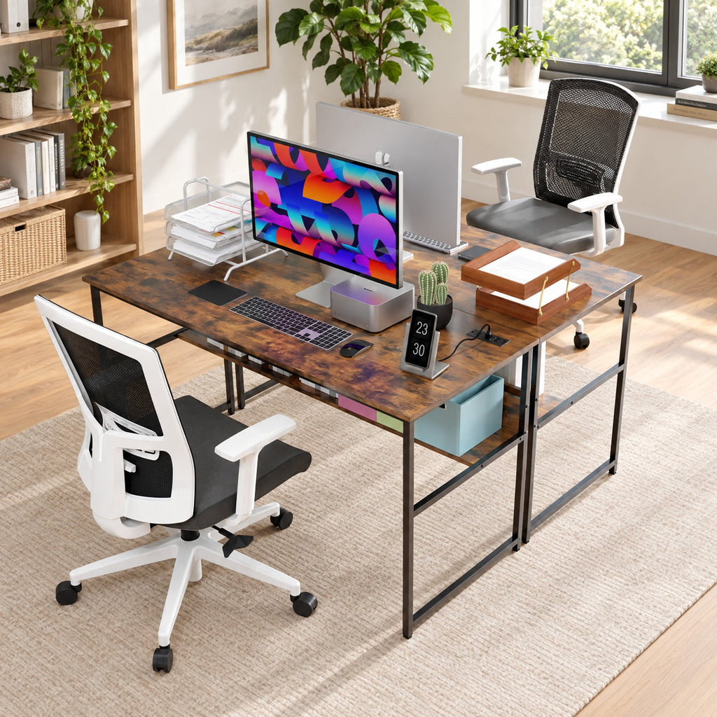 Airfind 55 x 24 inch Computer Desk with Power Outlets and USB Ports, 220 lbs Capacity, Engineered Wood Metal Frame, Brown