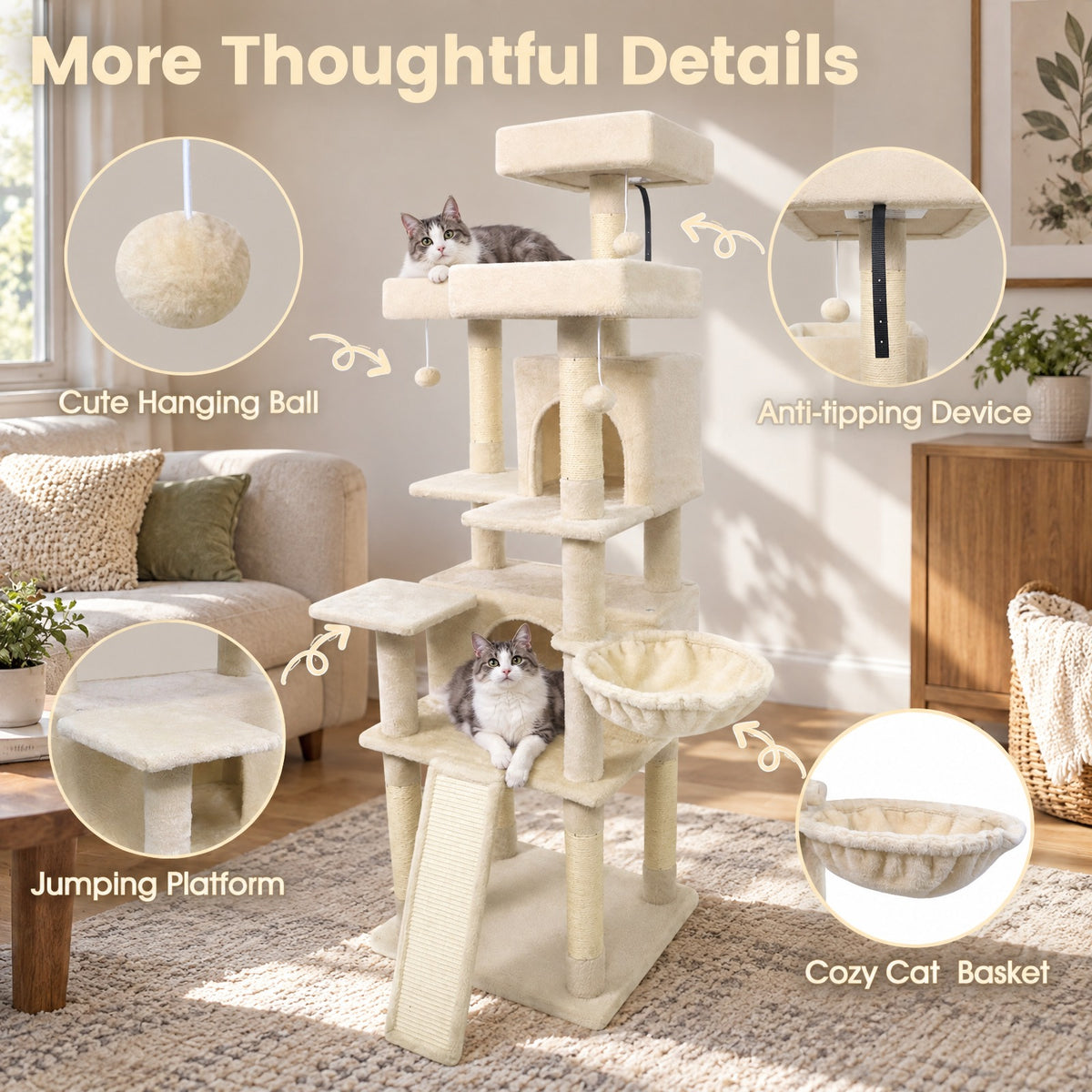 Airfind 65 Inch Tall Multi-level Cat Tree with 3 Upholstered Perch and 2 Cat Condos, Fabric Sisal Engineered Wood Overall Height 65 Inch Base Frame