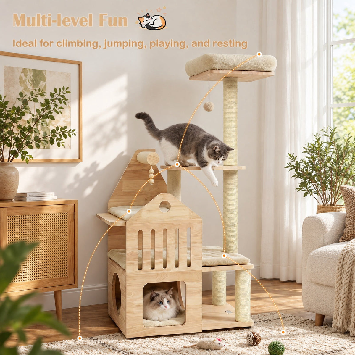 Airfind 48.5in Multi-Level Solid Wood Cat Tree for Indoor Cats with Padded Top Perch Cat Condo and Sisal Scratching Posts, Beige