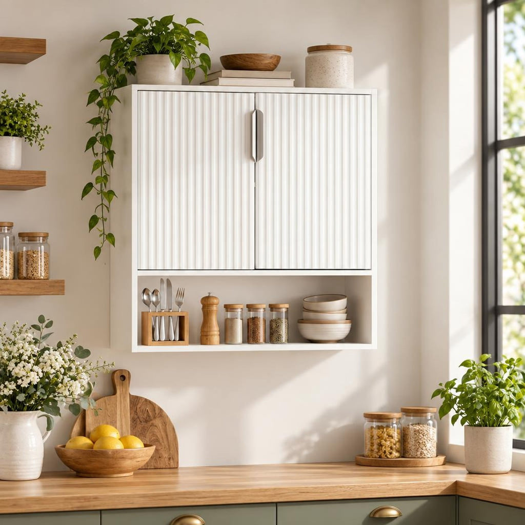 Airfind Bathroom Wall Cabinet with 2 Fluted Doors and Open Cube and Adjustable Shelf, 22 lbs Capacity, MDF Frame, 22.5in x 8in x 24in Footprint, White
