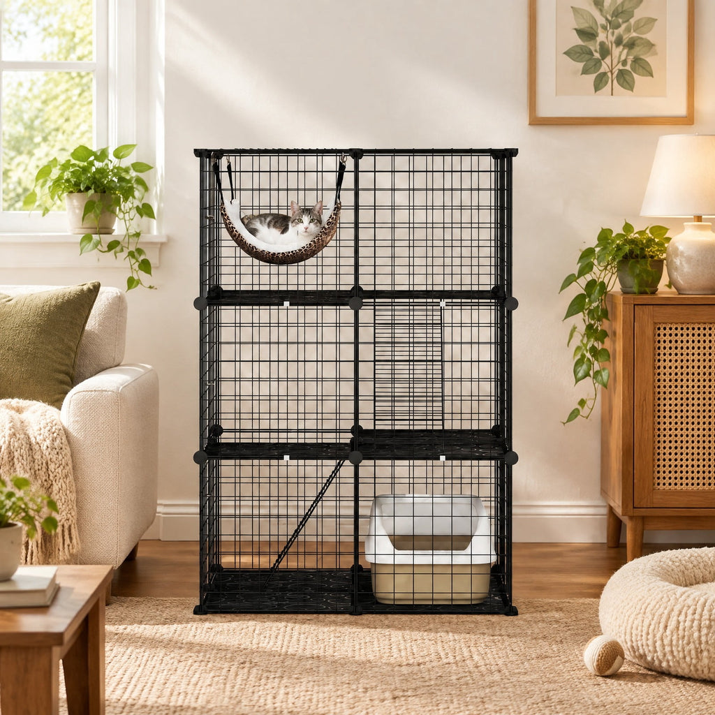 Airfind Indoor Cat Cage 3-Tier Cat Enclosure Detachable Metal Wire Kennel, 5 kg Capacity, PP Frame, 29.1 Inch x 29.1 Inch x 42.1 Inch Footprint, Black