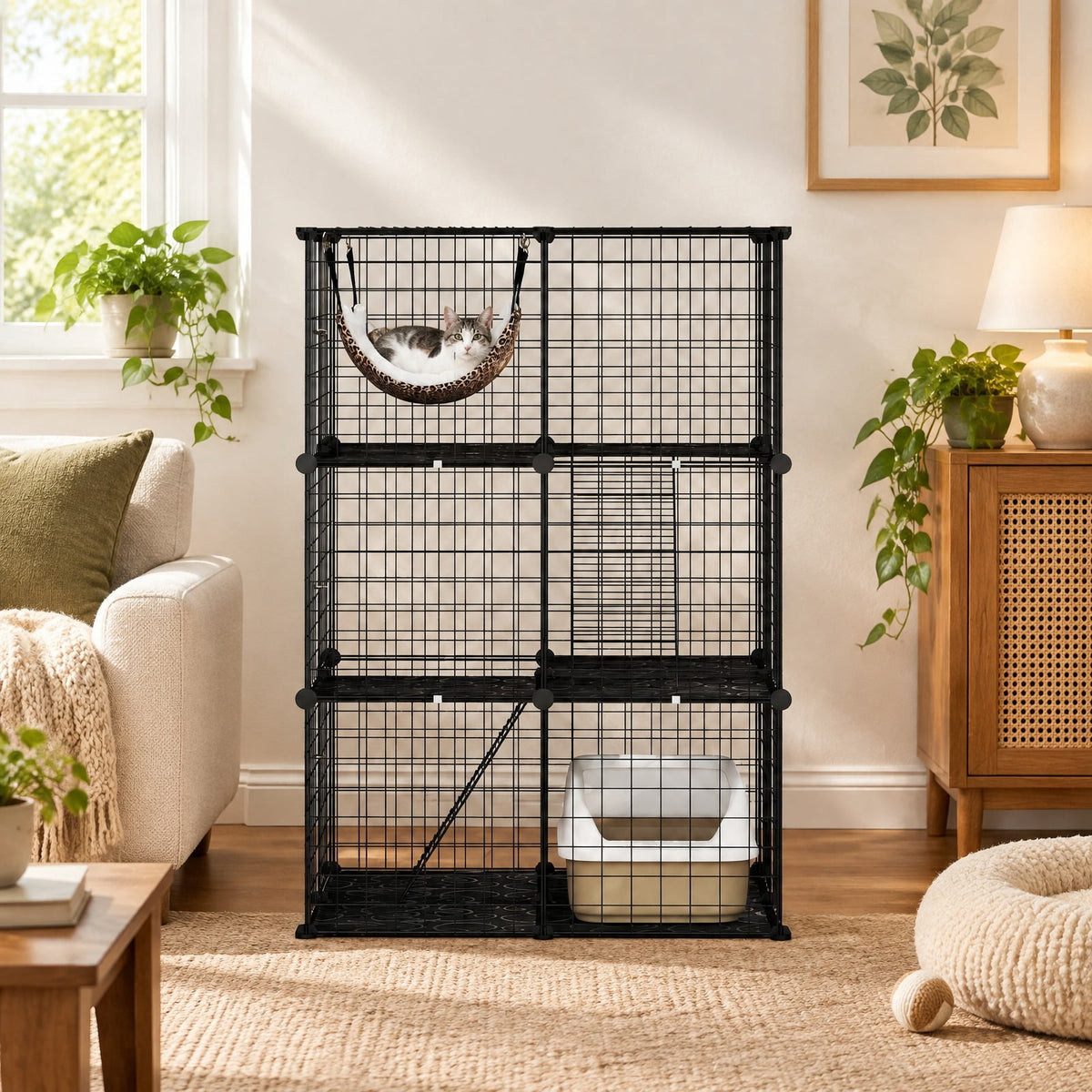 Airfind Indoor Cat Cage 3-Tier Cat Enclosure Detachable Metal Wire Kennel, 5 kg Capacity, PP Frame, 29.1 Inch x 29.1 Inch x 42.1 Inch Footprint, Black