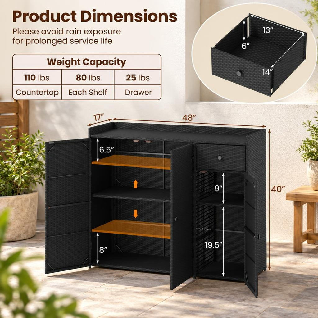 Airfind 3 Doors Outdoor PE Wicker Storage Cabinet for Deck, 110 lbs Capacity, PE Rattan Metal Frame, 48 x 17 x 40 Footprint, Black