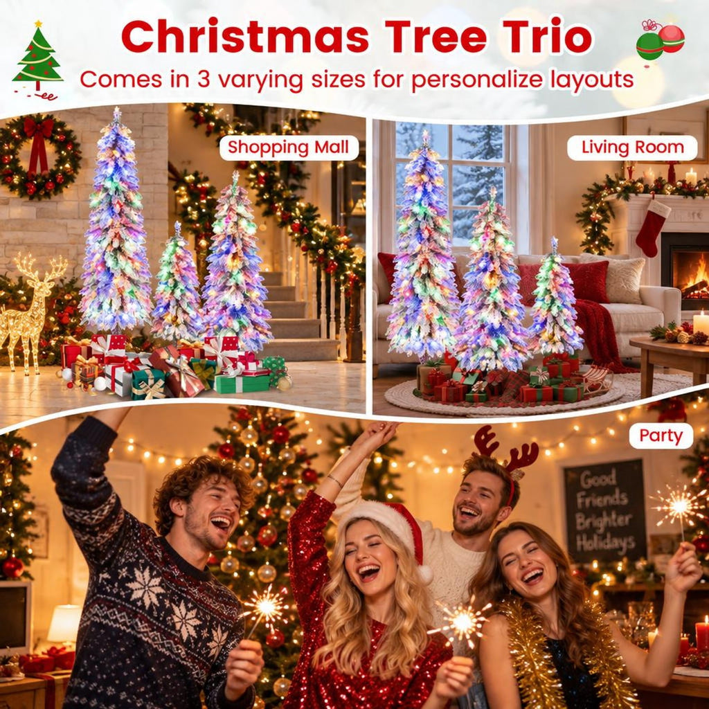Airfind Artificial Christmas Tree Set of 3 with Snow, PVC Metal Tree Height 3 ft Tree Width 18in Base Frame, Green + White